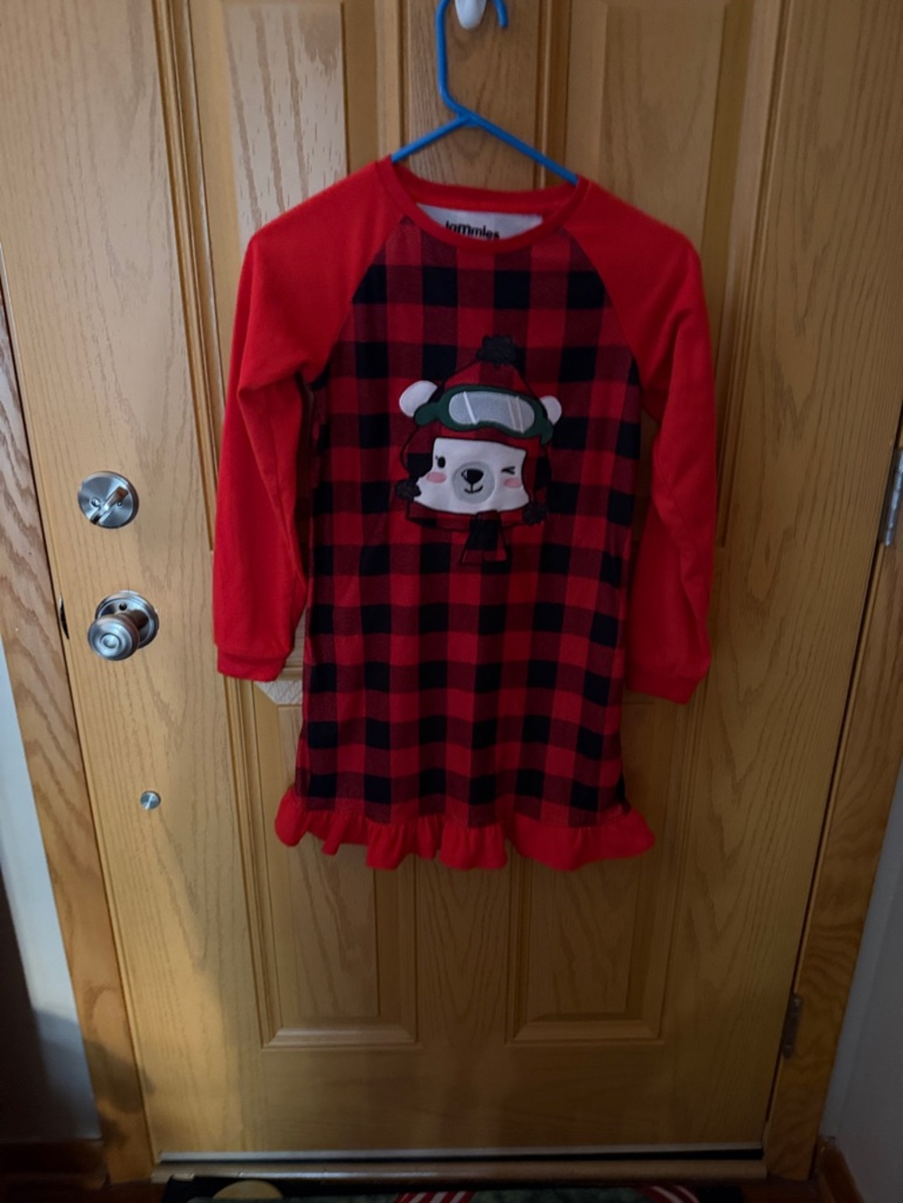 Cuddl Duds Girls Size Large Red and Black Buffalo Plaid Bear Nightgown